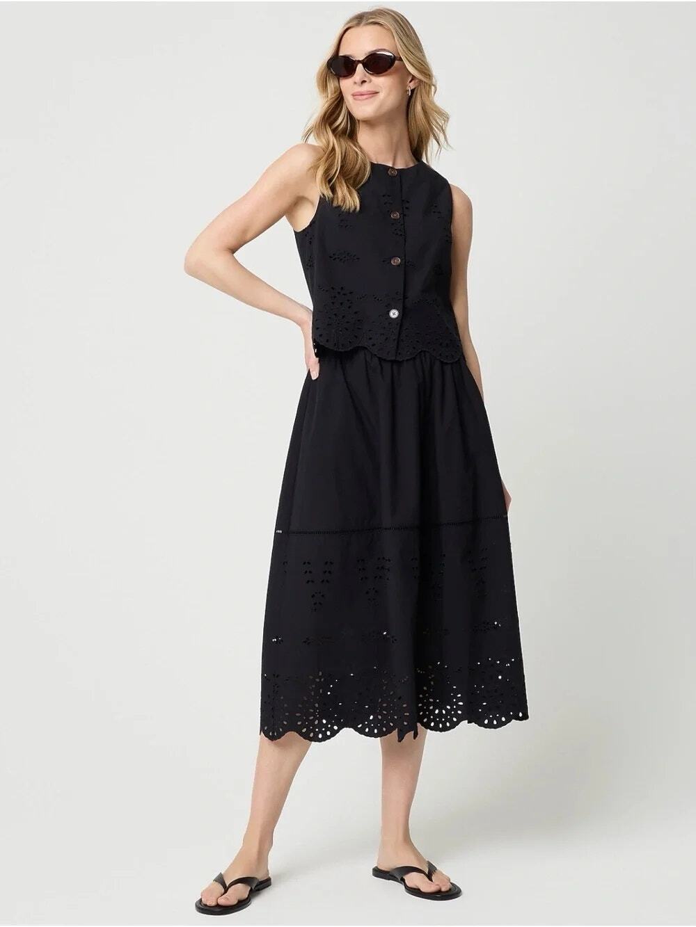 J.Crew Factory Boho Scallop Hem Eyelet Fit & Flare Midi Cotton Black Skirt M